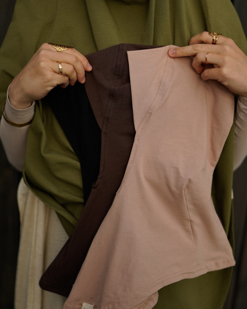 Set van 3 Ninja-bonnets - biologisch katoen - zwart, licht taupe, chocolade