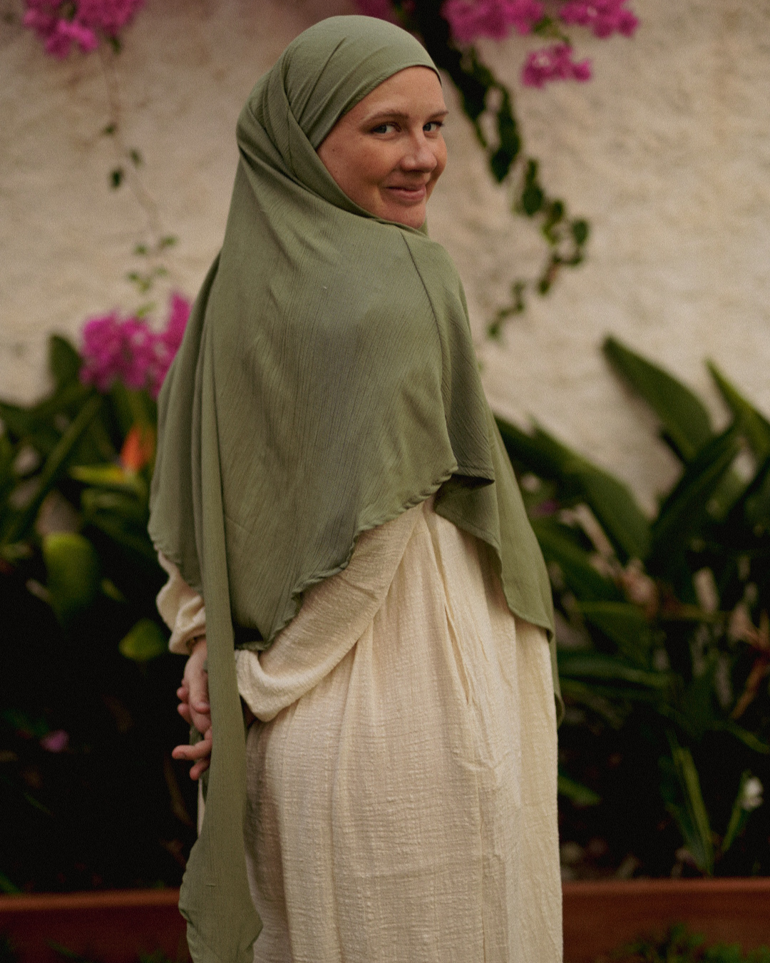 Khimar Sandy van viscose en linnen (Bosgroen)
